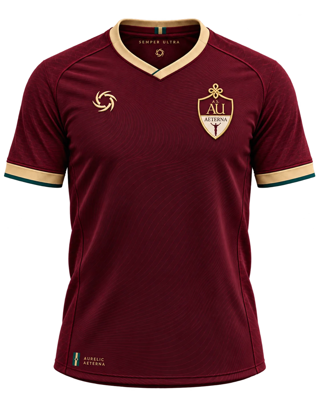 The Maglia Aeterna in Purpura: a wine shirt with a gold collar, the Sun on the right chest and the crest over the heart.